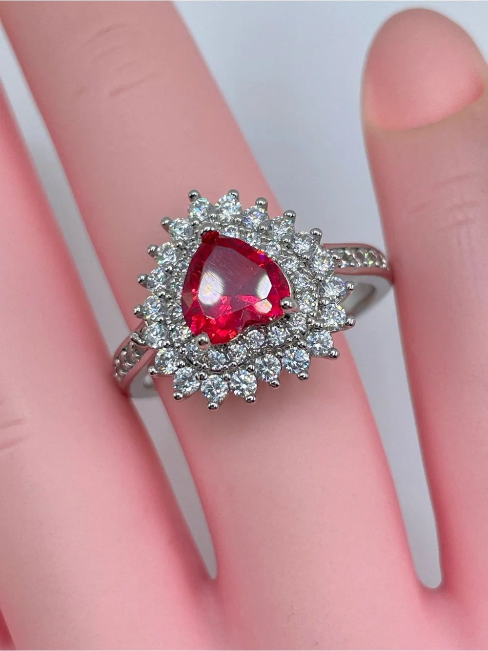 Swarovski Crystal Elements Ruby Red Heart Crystal White Halo Statement Ring Sz 8